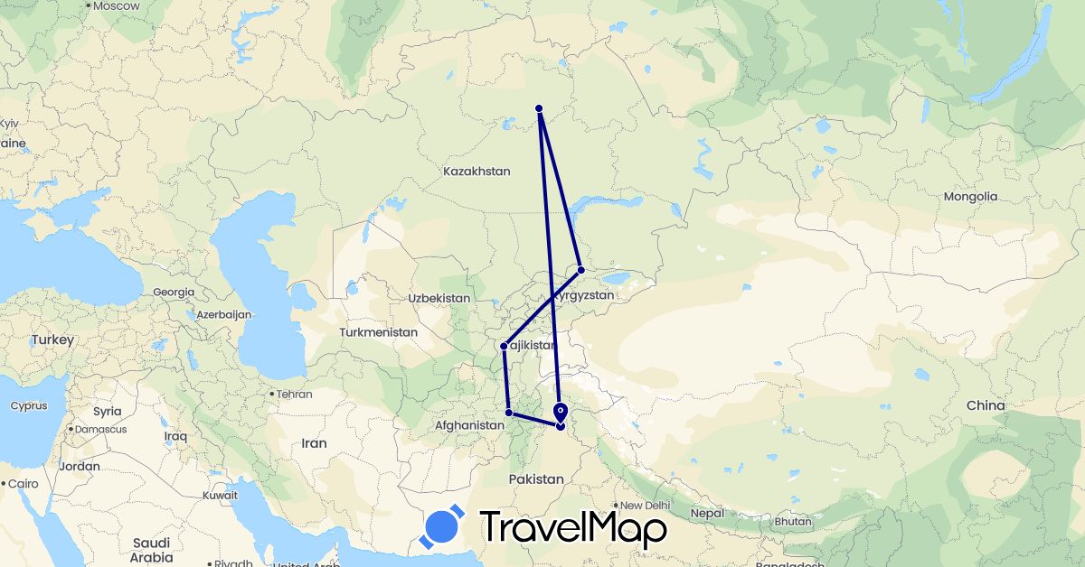 TravelMap itinerary: driving in Afghanistan, Kyrgyzstan, Kazakhstan, Pakistan, Tajikistan (Asia)